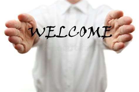 Man Makes A Welcome Gesture With Welcome Word Royalty Free Stock