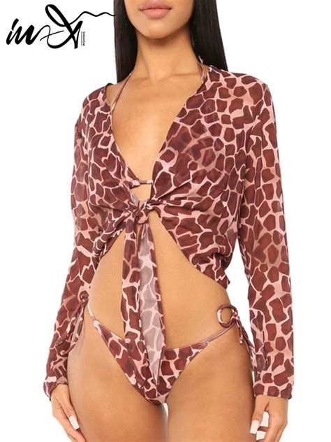 In X Tie Dye Print Piece Swimsuit Female Sexy Mesh Bikini Long Sleeve Swimwear