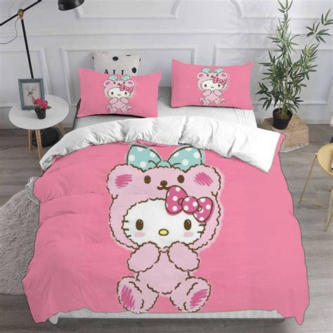 Hello Kitty With Colorful Desserts In Pink Background Bedding Set Twin