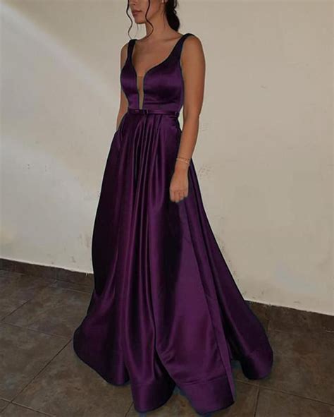 Purple Prom Dress With Deep V Neck A Line Satin Formal Gown Long Pl3650