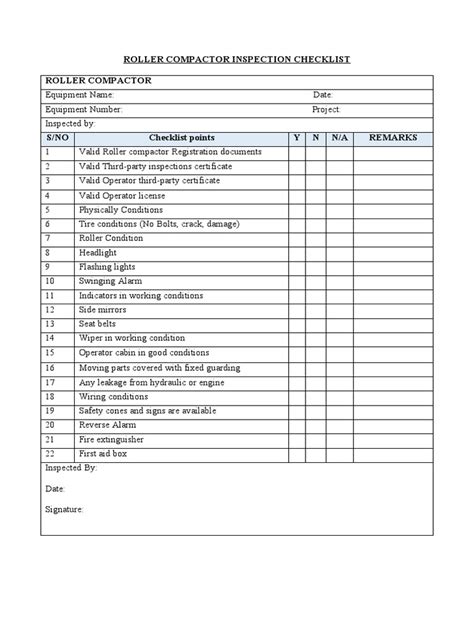 Roller Compactor Inspection Checklist | PDF | Wheeled Vehicles | Car