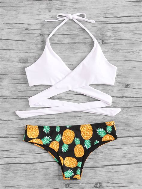 Pineapple Print Wrap Bikini SetFor Women Romwe Wrap Bikini Wrap