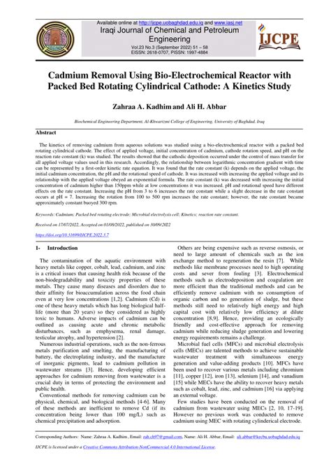 PDF Cadmium Removal Using Bio Electrochemical Reactor With Packed Bed