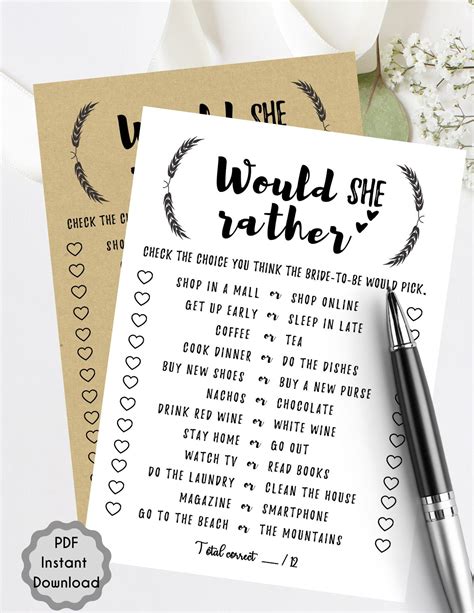 Would She Rather Bridal Shower Games Pdf Printable Newlywed Party Fun