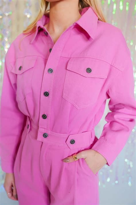 Pink Denim Jumpsuit Long Sleeve Pink Jumpsuit Womens Pink Utility