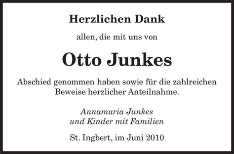 Traueranzeigen Von Otto Junkes Saarbruecker Zeitung Trauer De