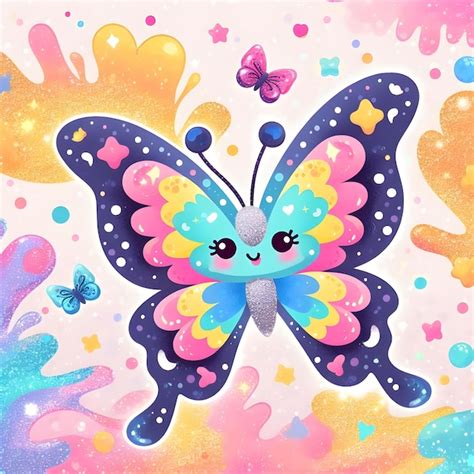 Linda Mariposa De Dibujos Animados Con Alas De Arco Iris En Fondo Rosa