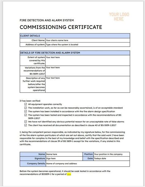 Bs5839 1 2017 Fire Alarm Commissioning Certificate Template Etsy