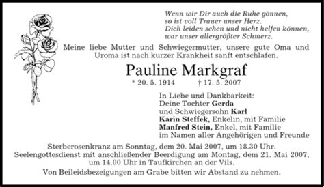 Traueranzeigen Von Pauline Markgraf Trauer Merkur De