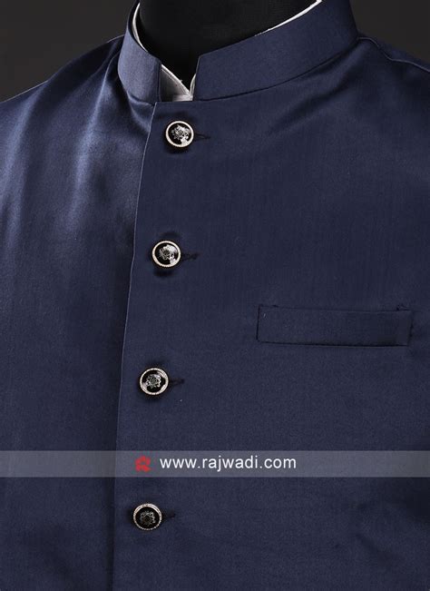 Satin Silk Nehru Jacket In Navy Blue Color