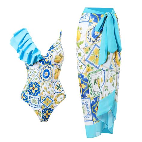 Maillot De Bain Une Pi Ce Imprim Bleu Col En V Volants Sexy La Mode