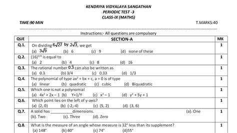 Class 9 Maths Pt 3 Exam Question Paper Cbse Periodic Test 3