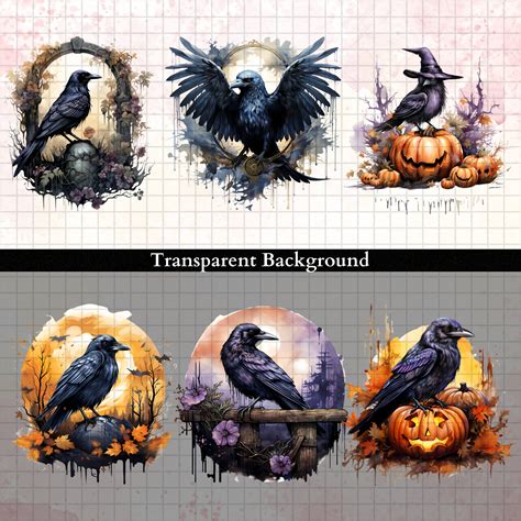 Halloween Raven Clipart, Halloween Night Crafting, Crow Clipart, Watercolor Raven, Spooky Season ...