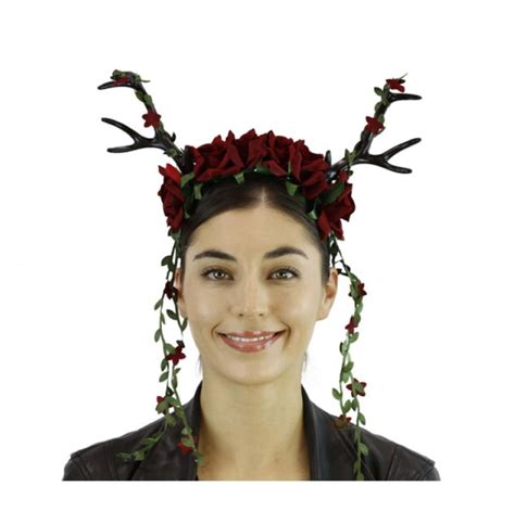 Black Deer Antlers Headband W Red Flowers Mystical Creature Animal