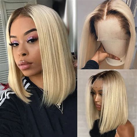 150 Density 1b 613 Ombre Blonde Lace Front Bob Wig Human Hair Wigs T