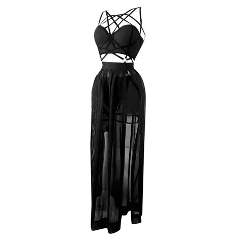 Gothic Sexy Three Piece Lingerie Set Women Black Corset Crop Top Bandage Underpants Mesh Split