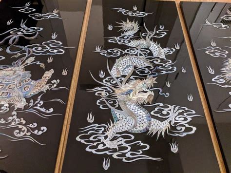 4 Vietnamese Eggshell Mother of Pearl Lacquerware on Wood Panels ...