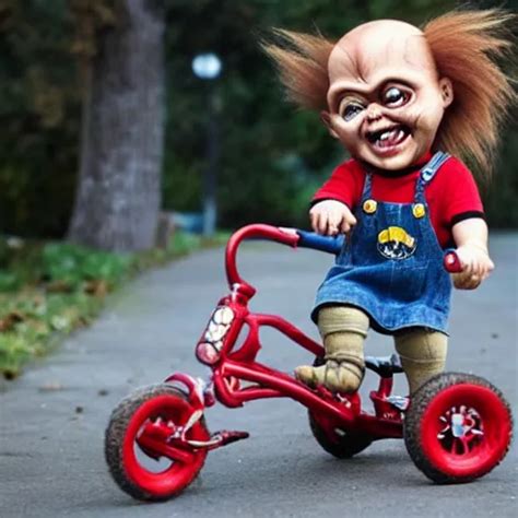 Cute Screaming Chucky Doll Riding A Tricycle Stable Diffusion