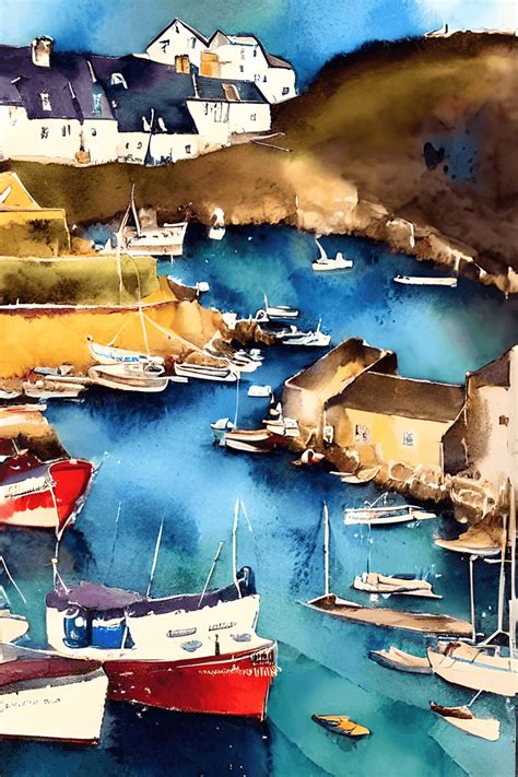 Beautiful Colorful Atmospheric Watercolor Painting Of Polperro Cornwall