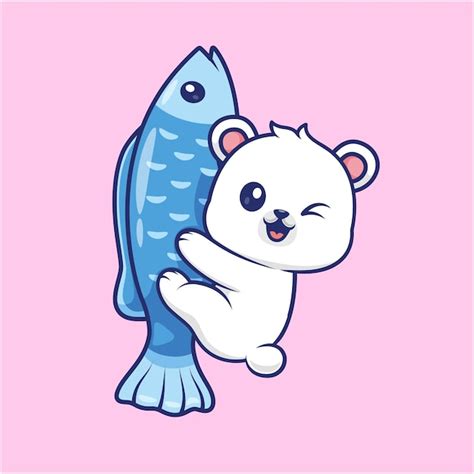 Ours Polaire Mignon Accroch Sur Le Poisson Cartoon Vector Icon