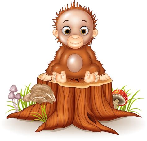 Premium Vector Cartoon Funny Baby Orangutan On Tree Stump