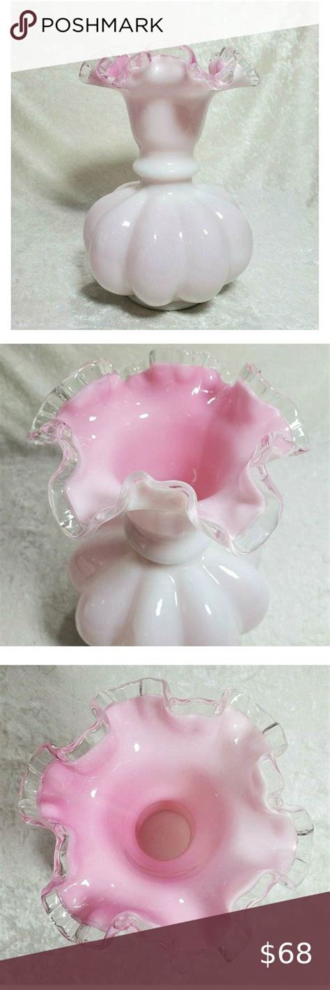 Fenton Pink White Milk Glass Vase Art Hand Blown Glass Ruffled Top Silver Crest Milk Glass Vase