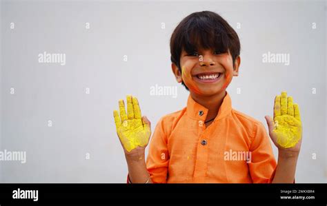 Happy Cute Smiling Little Indian Kids Showing Their Colourful Hands Or