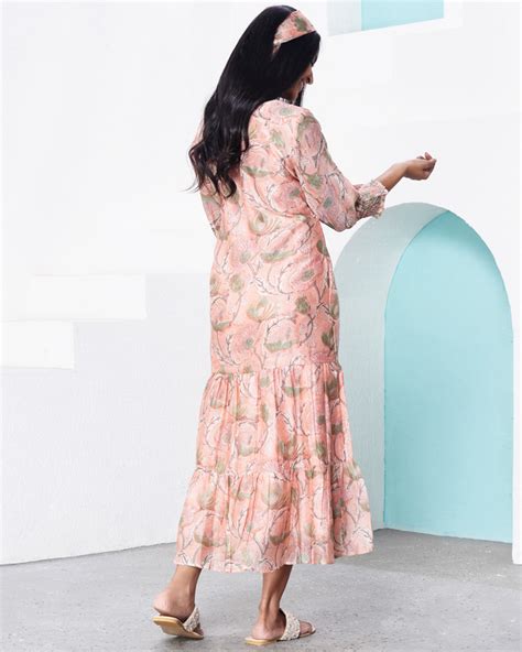 Peach Floral Printed Midi Dress By Miar The Secret Label