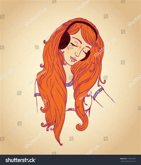 Beautiful Redhaired Girl Listening Music Headphones Stock Vector Royalty Free 110957297