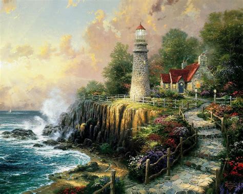 Artwork Thomas Kinkade Painting Stairs Lighthouse Coast 1080p