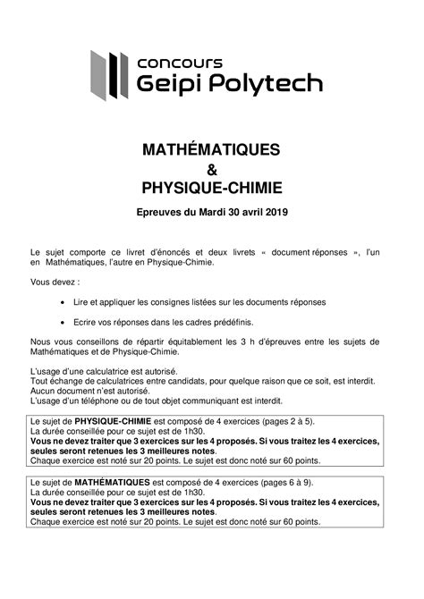 Concours Geipi Polytech 2019 Série S Mathématiques Physique Chimie