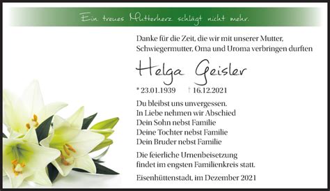 Traueranzeigen von Helga Geisler Märkische Onlinezeitung Trauerportal