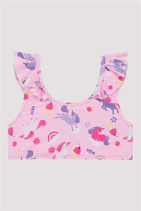Kız Çocuk Unicorn Desenli Fırfırlı Halter Bikini Takımı PL3XZDQW23IY MIX Çok Renkli Penti