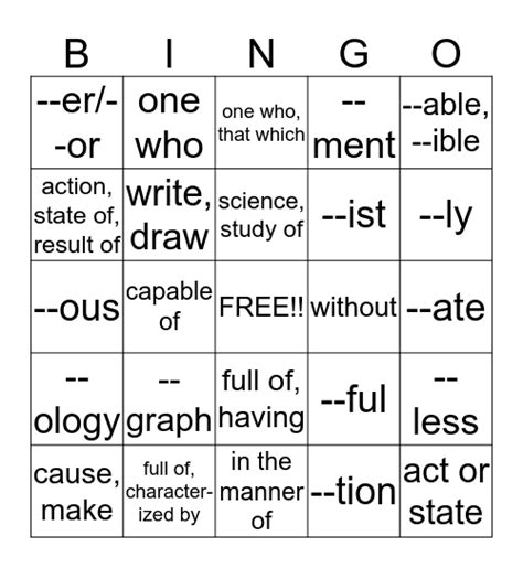 Suffix Bingo Card