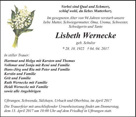 Traueranzeigen Von Lisbeth Wernecke Abschied Nehmen De