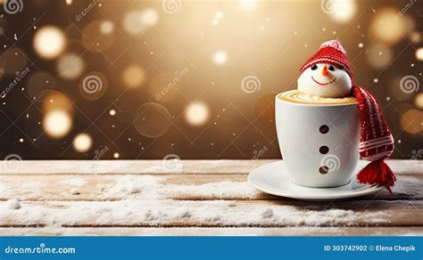 Cup Of Coffee Or Hot Chocolate With Melted Marshmallow Snowman Winter Cozy Hot Drink With Milk