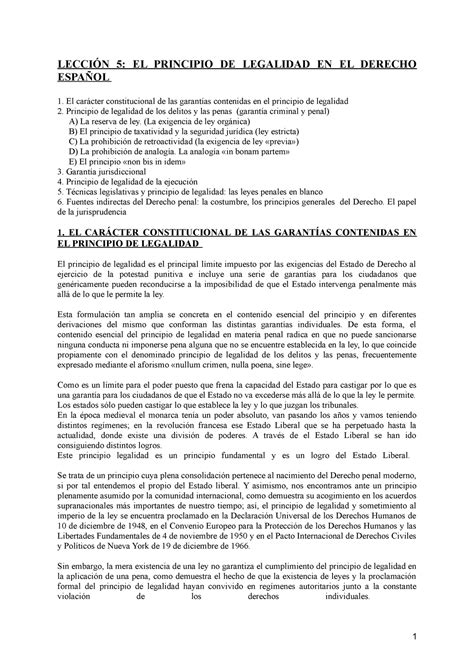 Tema 5 Penal Apuntes 5 LecciÓn 5 El Principio De Legalidad En El Derecho EspaÑol El