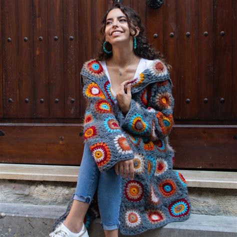 Granny Square Afghan Coat Patchwork Jacket Boho Crochet Coat Granny