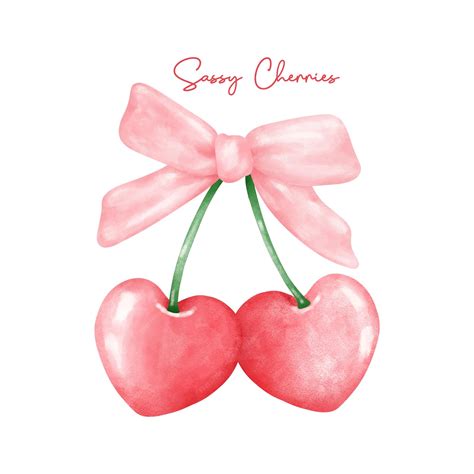Premium Vector | Red coquette heart cherries with pink ribbon bow