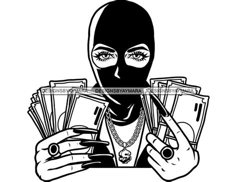 Gangster Woman Wearing Ski Mask Burglar Holding Money Bragging Hustler