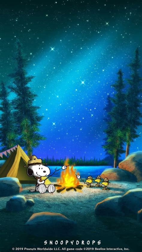 Camp Snoopy Aurora Blue Fire Nature Night Woodstock HD Phone