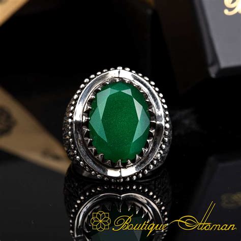 Emerald Oval Hand Engraved Silver Ring Boutique Ottoman Exclusive