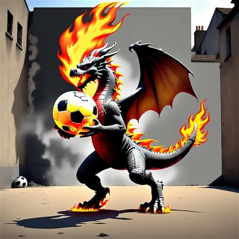 Premium Photo A Dragon Playing Soccer With A Flaming Ball In The