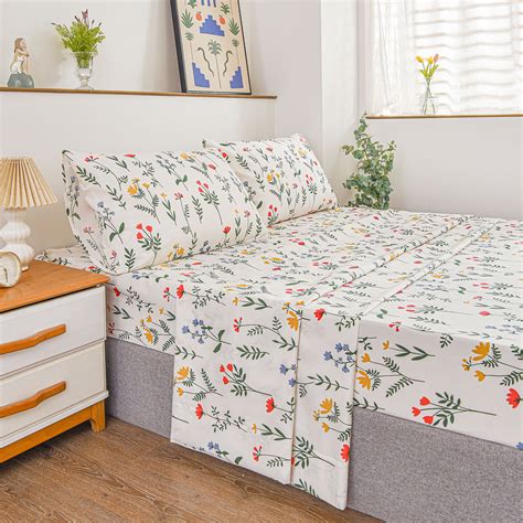 Move Over 4 Pieces Twin Bed Set Botanical Flower Sheet Set Red Yellow ...