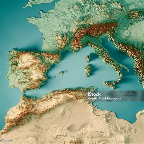 Mediterranean Sea 3d Render Topographic Map Color Digital