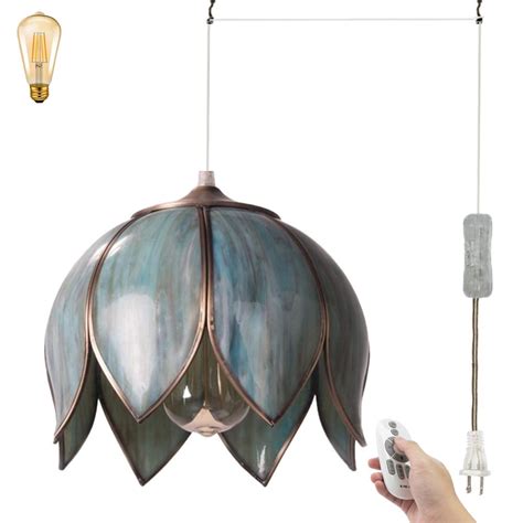 Fsliving Lotus Swag Pendant Light Remote Control Tiffany Style Handle