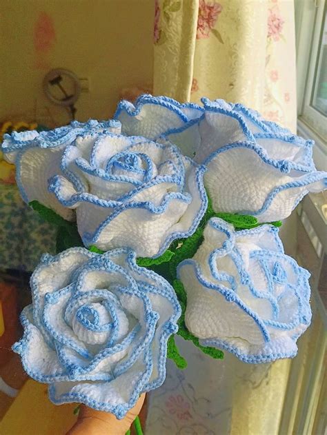 Crochet Rose With Blue Strip Crochet Flower Knitting Thailand Blue Rose