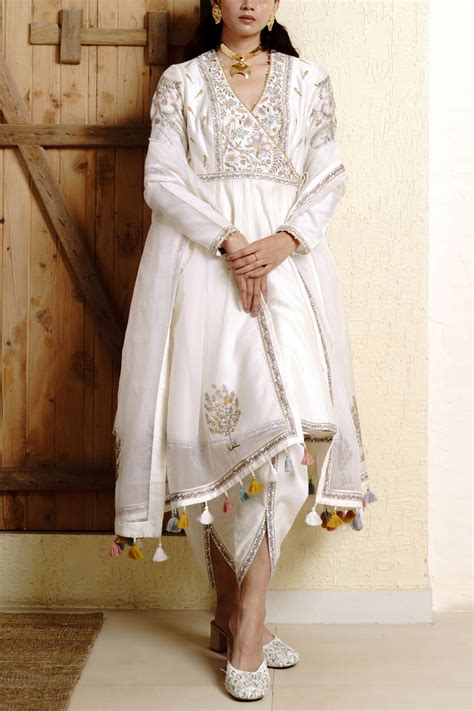 Buy Ivory Floral Embroidery Angrakha Anarkali Set By Wabi Sabi At