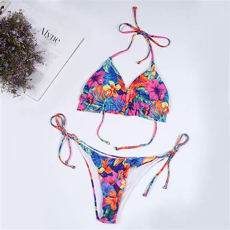 Tejiojio Women S New Fashion Sexy Open Back Strap Split Swimsuit Printed Bikini On Sale