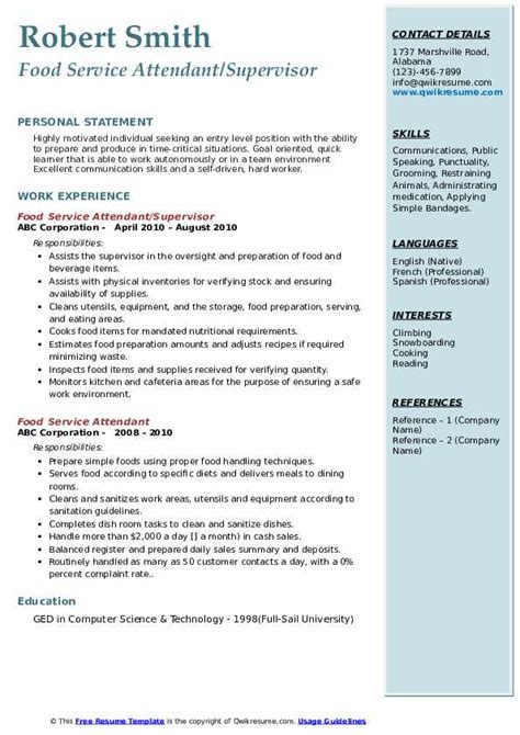 Food Service Attendant Resume Samples Templates For